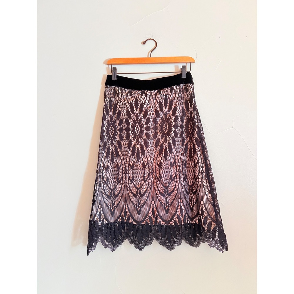 Y2K Wendy Hil Black Overlay Lace Skirt Velvet Waist Scalloped Eyelash Hem SZ 2